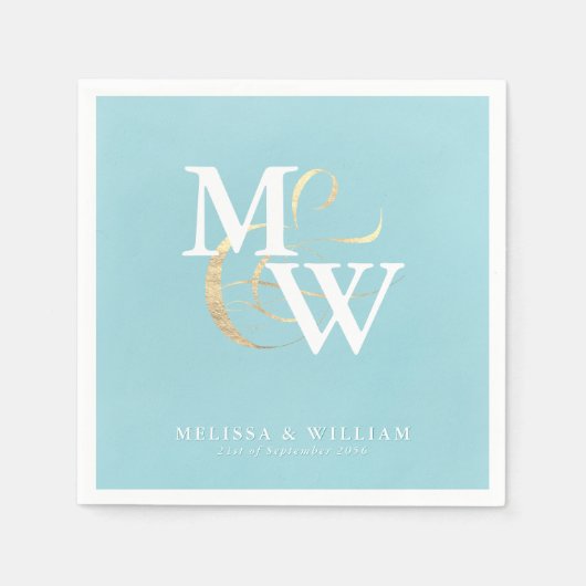 Elegant Zee Glas Blauwgroen Monogram Huwelijk Servet (Voorkant)