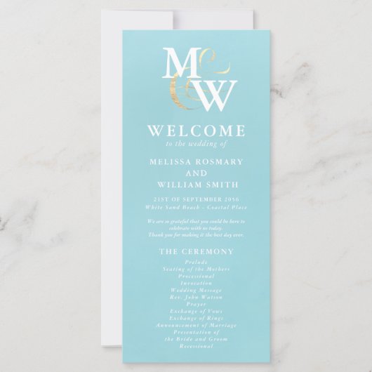 Elegant Zee Glas Blauwgroen Monogram Trouwprogramm (Voorkant)