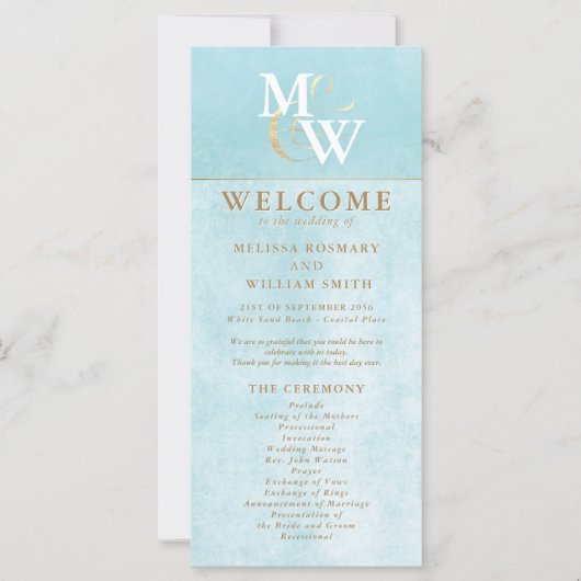 Elegant Zee Glas Blauwgroen Monogram Trouwprogramm (Voorkant)