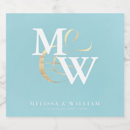 Elegant Zee Glas Blauwgroen Wit Monogram Huwelijk Likeurfles Etiket (Enkel label)