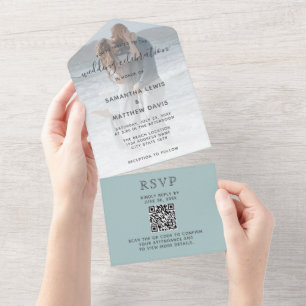 Elegant Zee Glass Dusty Blue Beach Wedding QR Code All In One Uitnodiging