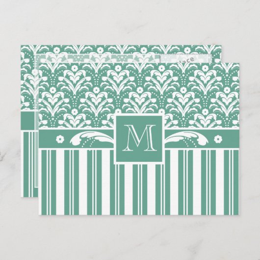 Elegant Zee Green Damask met je Monogram Briefkaart (Voorkant / Achterkant)