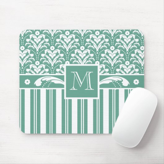Elegant Zee Green Damask met uw Monogram Muismat (Met muis)