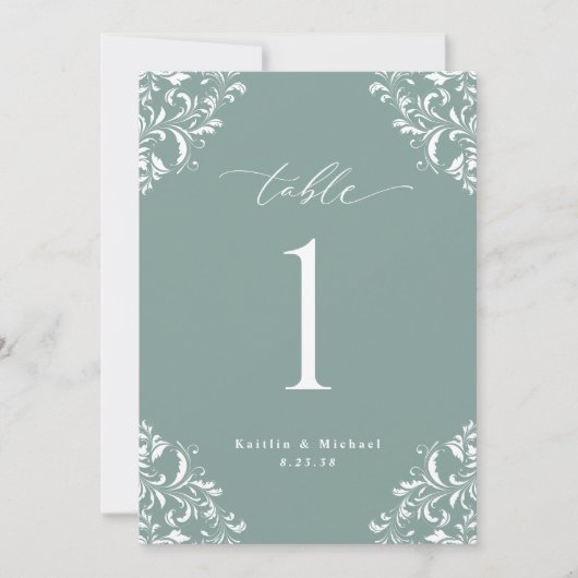 Elegant Zee Green Wedding Table Numbers Cards Kaart (Voorkant)