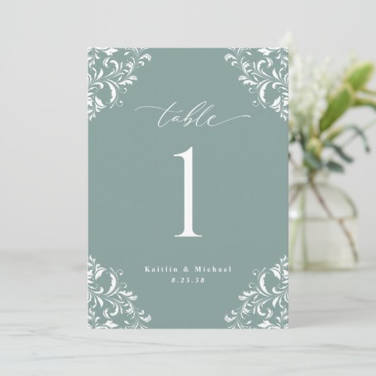 Elegant Zee Green Wedding Table Numbers Cards Kaart (Staand voorkant)