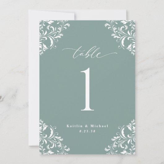 Elegant Zee Green Wedding Table Numbers Cards Kaart (Achterkant)