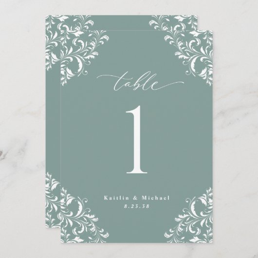 Elegant Zee Green Wedding Table Numbers Cards Kaart (Voorkant / Achterkant)