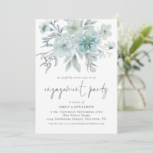 Elegant Zee Mist Blauwgroen Florals Engagement Par Kaart (Staand voorkant)