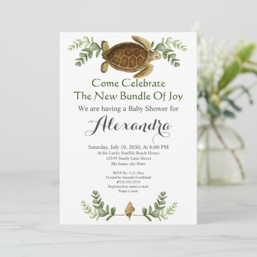 Elegant Zee Turtle Foliage Baby shower-uitnodiging (Staand voorkant)