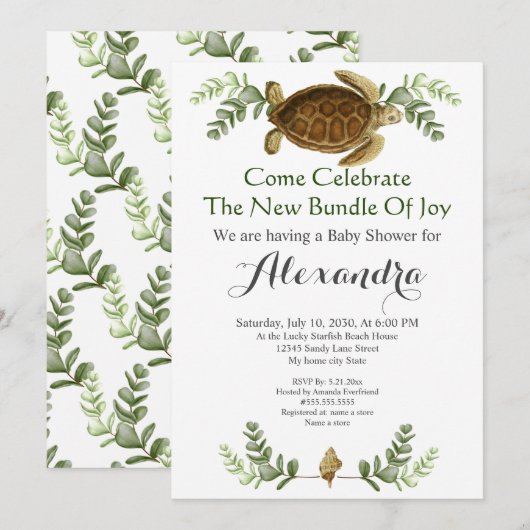 Elegant Zee Turtle Foliage Baby shower-uitnodiging (Voorkant / Achterkant)