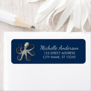 Elegant Zeevaart Navy Blauwe Octopus Retouradres  Etiket