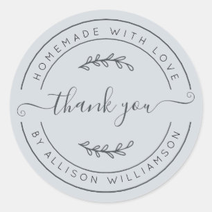 Elegant zelfgemaakt met liefde pastel blauw dank u ronde sticker