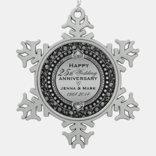 Elegant zilver 25e bruiloft Jubileum 3 Tin Sneeuwvlok Ornament