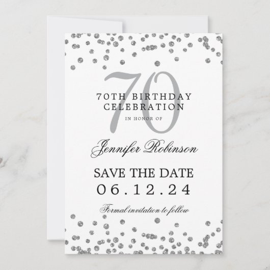 Elegant Zilver 70e Verjaardag Bewaar de datum Deta Kaart (Voorkant)