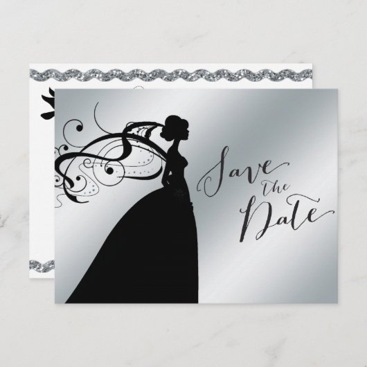 Elegant zilver Bewaar de datum met bruid Aankondigingskaart (Voorkant / Achterkant)