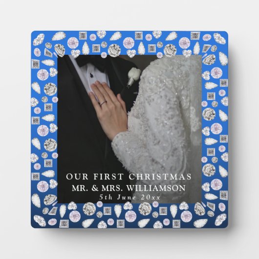 Elegant Zilver Blauw Hart Diamant Eerste Kerstmis Fotoplaat (Voorkant)