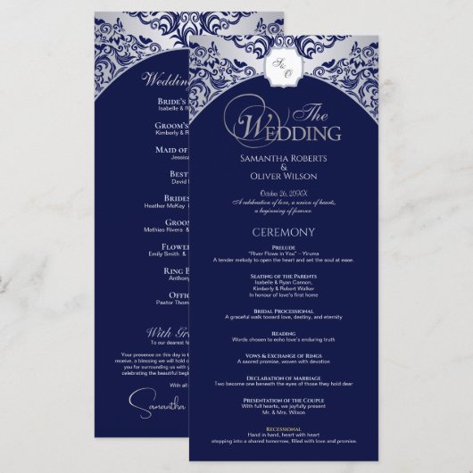 Elegant Zilver Blauw Monogram Trouwprogramma Programmakaart (Voorkant / Achterkant)