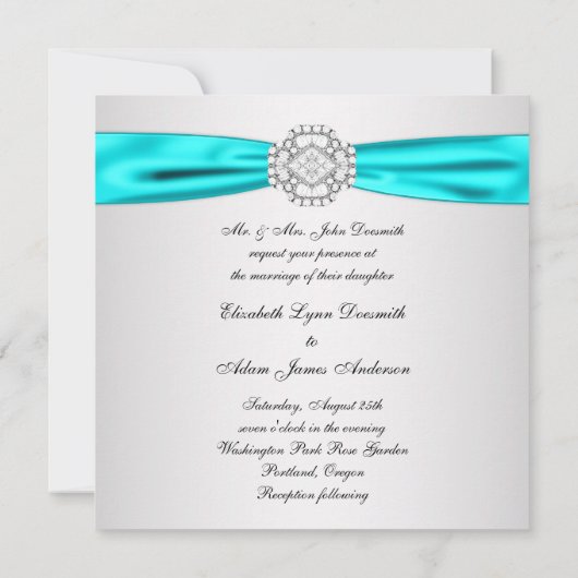 Elegant Zilver Blauwgroen Blauw Huwelijksuitnodigi Kaart (Achterkant)