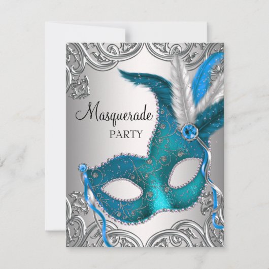 Elegant Zilver Blauwgroen Blauw Masquerade Party Kaart (Voorkant)