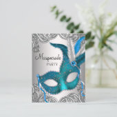Elegant Zilver Blauwgroen Blauw Masquerade Party Kaart (Staand voorkant)