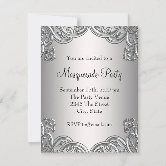 Elegant Zilver Blauwgroen Blauw Masquerade Party Kaart (Achterkant)