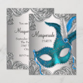Elegant Zilver Blauwgroen Blauw Masquerade Party Kaart (Voorkant / Achterkant)