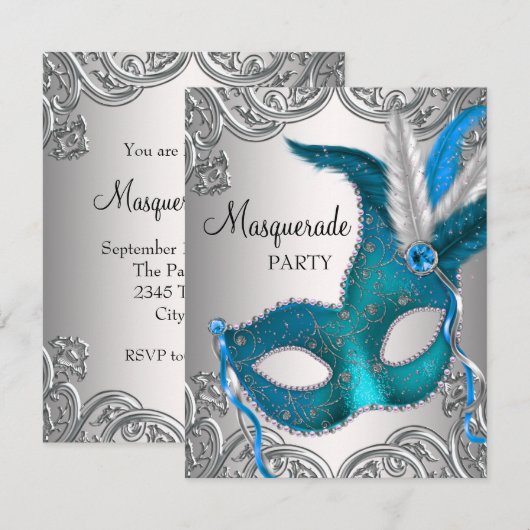Elegant Zilver Blauwgroen Blauw Masquerade Party Kaart (Voorkant / Achterkant)