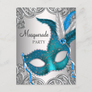 Elegant Zilver Blauwgroen Blauw Masquerade Party Kaart