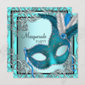 Elegant Zilver Blauwgroen Blauw Masquerade Party Kaart (Voorkant / Achterkant)