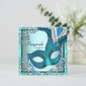 Elegant Zilver Blauwgroen Blauw Masquerade Party Kaart (Staand voorkant)