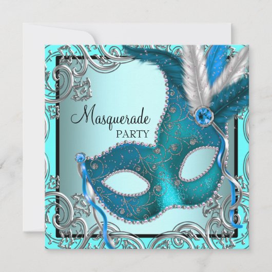 Elegant Zilver Blauwgroen Blauw Masquerade Party Kaart (Voorkant)