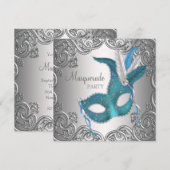 Elegant Zilver Blauwgroen Blauw Masquerade Party Kaart (Voorkant / Achterkant)