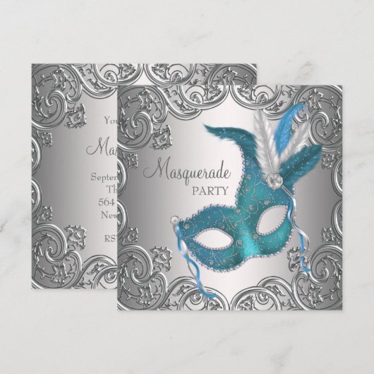 Elegant Zilver Blauwgroen Blauw Masquerade Party Kaart (Voorkant / Achterkant)