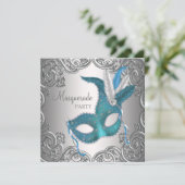 Elegant Zilver Blauwgroen Blauw Masquerade Party Kaart (Staand voorkant)