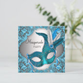 Elegant Zilver Blauwgroen Blauw Masquerade Party Kaart (Staand voorkant)