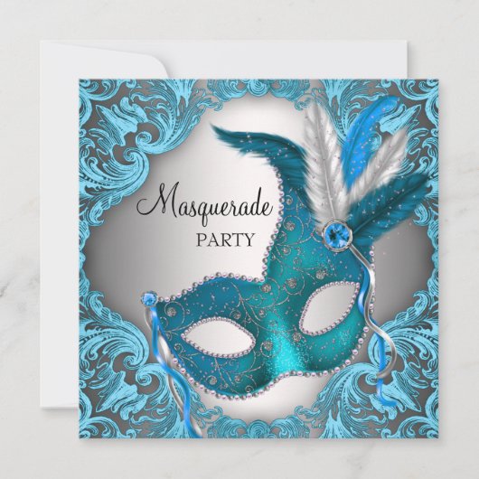 Elegant Zilver Blauwgroen Blauw Masquerade Party Kaart (Voorkant)