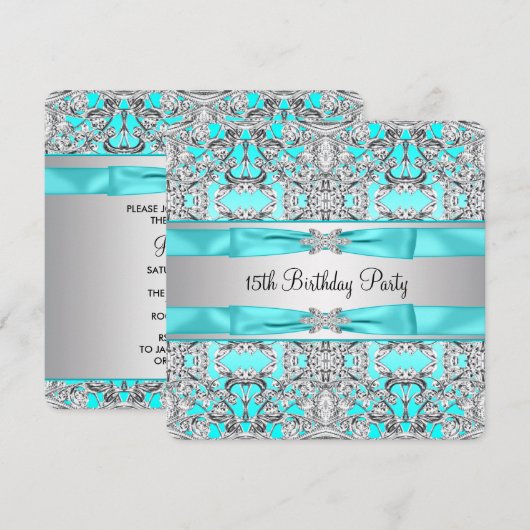Elegant Zilver Blauwgroen Blauw Quinceanera Kaart (Voorkant / Achterkant)