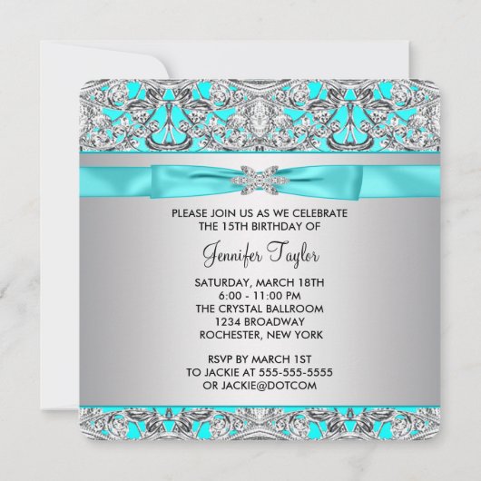 Elegant Zilver Blauwgroen Blauw Quinceanera Kaart (Achterkant)