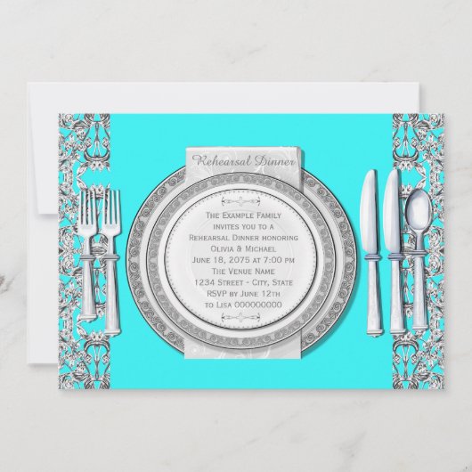 Elegant Zilver Blauwgroen Blauw Repetitie Diner Kaart (Voorkant)