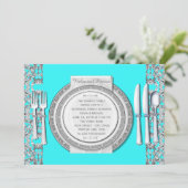 Elegant Zilver Blauwgroen Blauw Repetitie Diner Kaart (Staand voorkant)