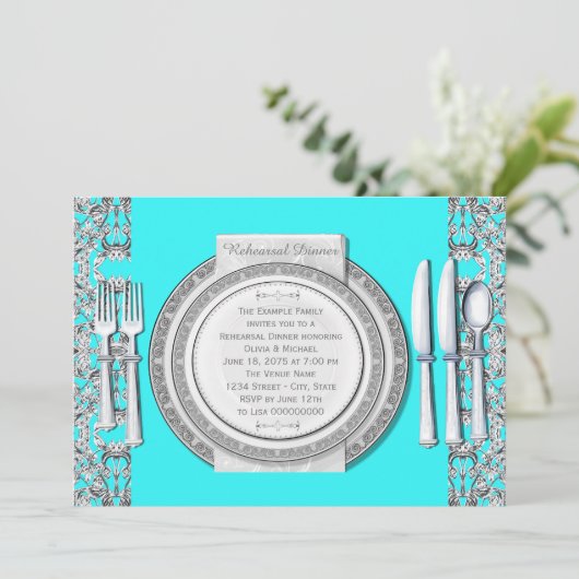 Elegant Zilver Blauwgroen Blauw Repetitie Diner Kaart (Staand voorkant)