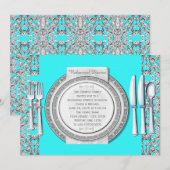 Elegant Zilver Blauwgroen Blauw Repetitie Diner Kaart (Voorkant / Achterkant)