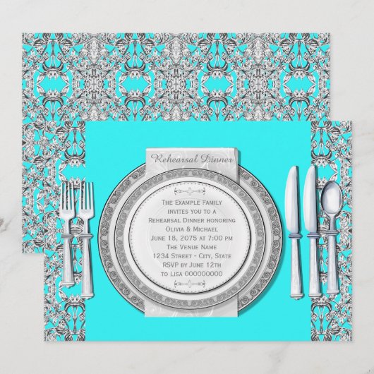 Elegant Zilver Blauwgroen Blauw Repetitie Diner Kaart (Voorkant / Achterkant)
