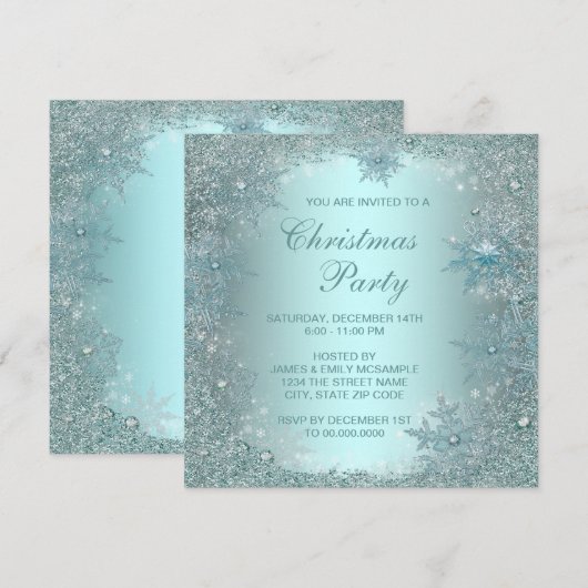 Elegant Zilver Blauwgroen Blauw Sneeuwvlok Kerstfe Kaart (Voorkant / Achterkant)