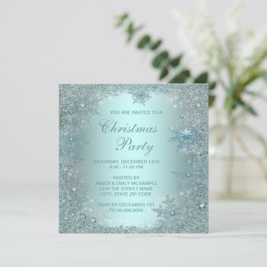 Elegant Zilver Blauwgroen Blauw Sneeuwvlok Kerstfe Kaart (Staand voorkant)