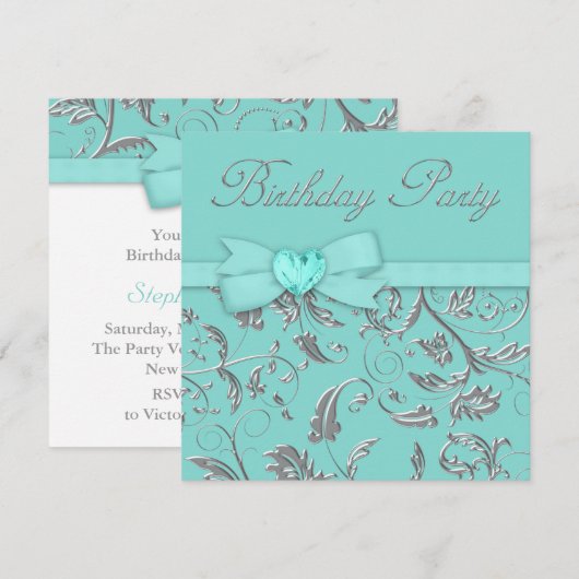 Elegant Zilver Blauwgroen Blauw Verjaardagsfeest Kaart (Voorkant / Achterkant)