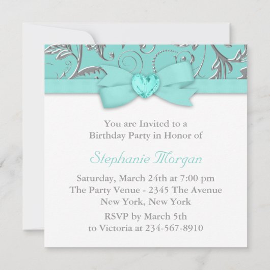 Elegant Zilver Blauwgroen Blauw Verjaardagsfeest Kaart (Achterkant)