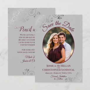 Elegant Zilver & Bourgondiërrood op Grijze Foto Br Save The Date