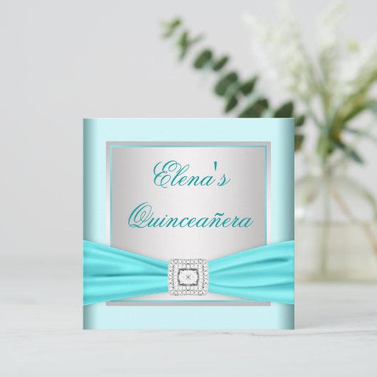 Elegant zilver en Blauwgroen blauw Quinceanera Kaart (Staand voorkant)