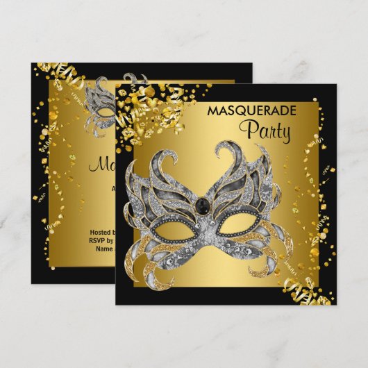 Elegant Zilver en Goud Masquerade Party Kaart (Voorkant / Achterkant)